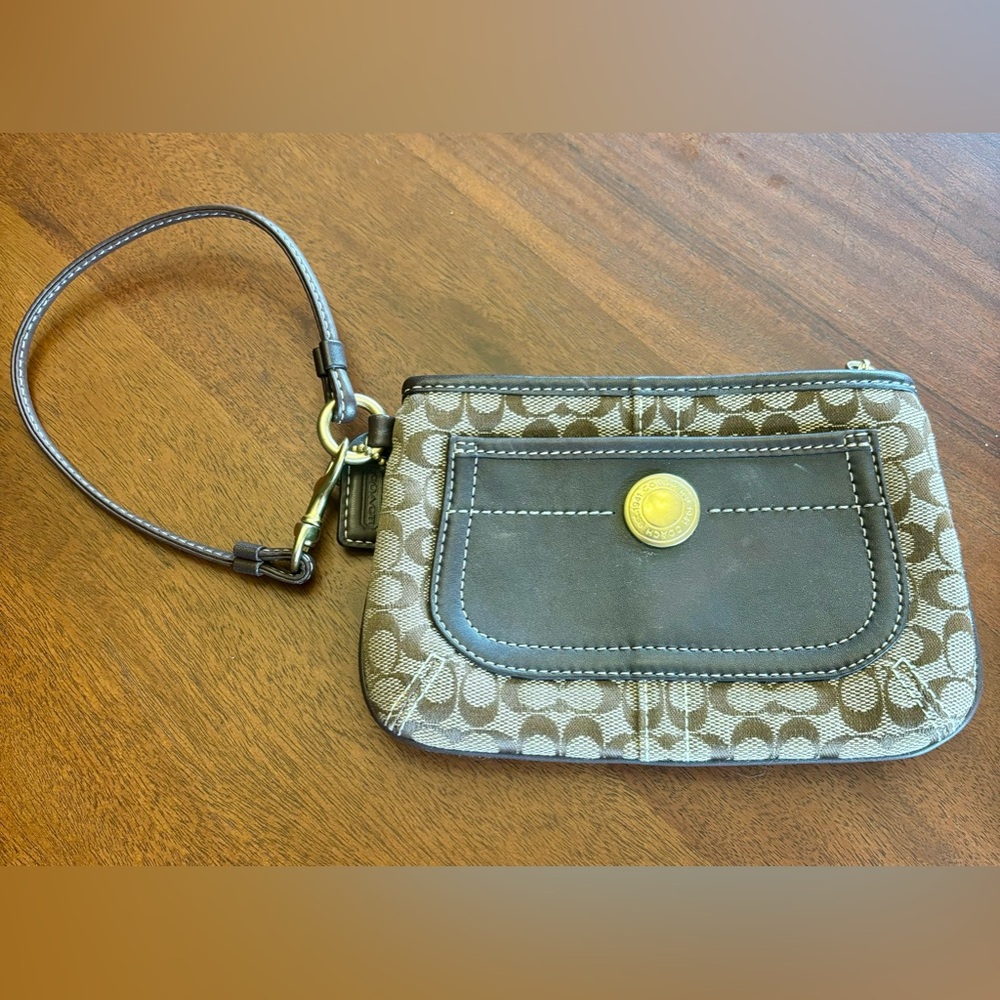 Coach Traditional Beige and Brown wristlet with brown leather pocket and strap